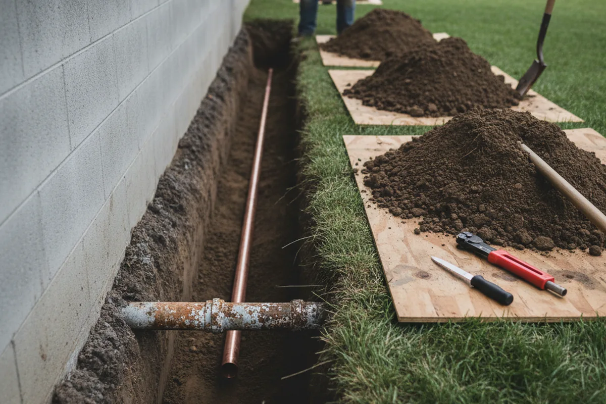 Excavated water line trench during Water Heater Repair in Arnoldsville